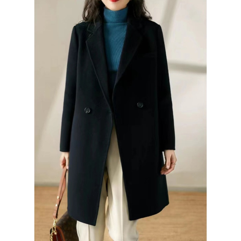 Chic Black Peter Pan Collar Pockets Patchwork Woolen Trench Winter