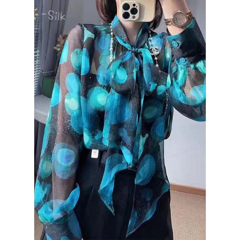 Chic Blue Bow Print Patchwork Chiffon Blouse Tops Fall
