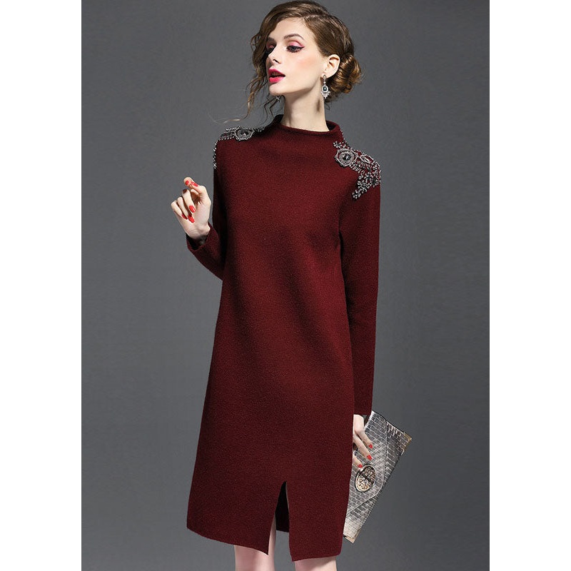 Chic Mulberry Turtle Neck Side Open Knit Sweater Dress Long Sleeve