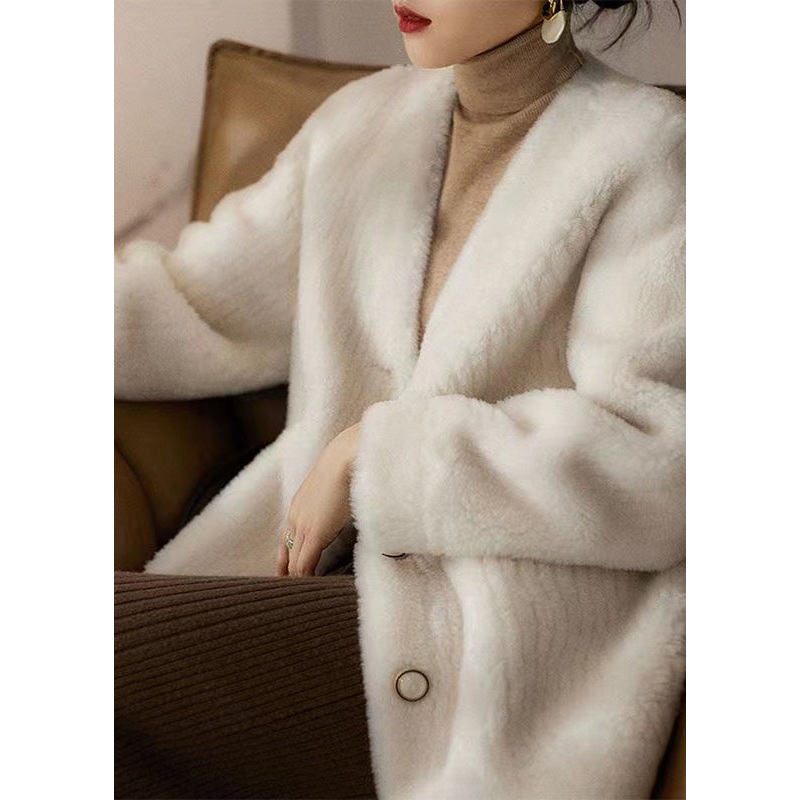 Chic White V Neck Pockets Patchwork Wool Coats Winter