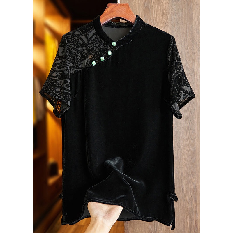 Chinese Style Black Stand Collar Patchwork Velour Blouses Short Sleeve