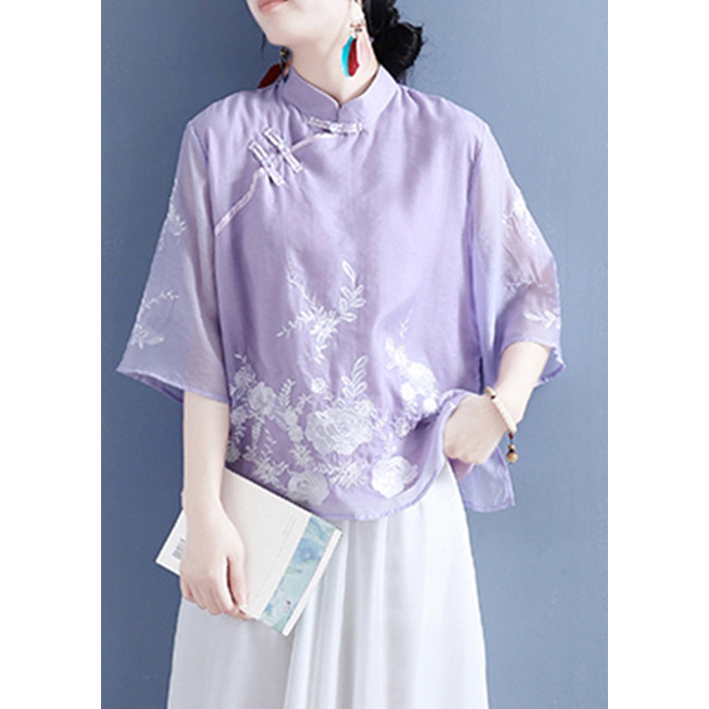 Chinese Style Purple Stand Collar Embroideried Button Silk Linen Shirt Bracelet Sleeve