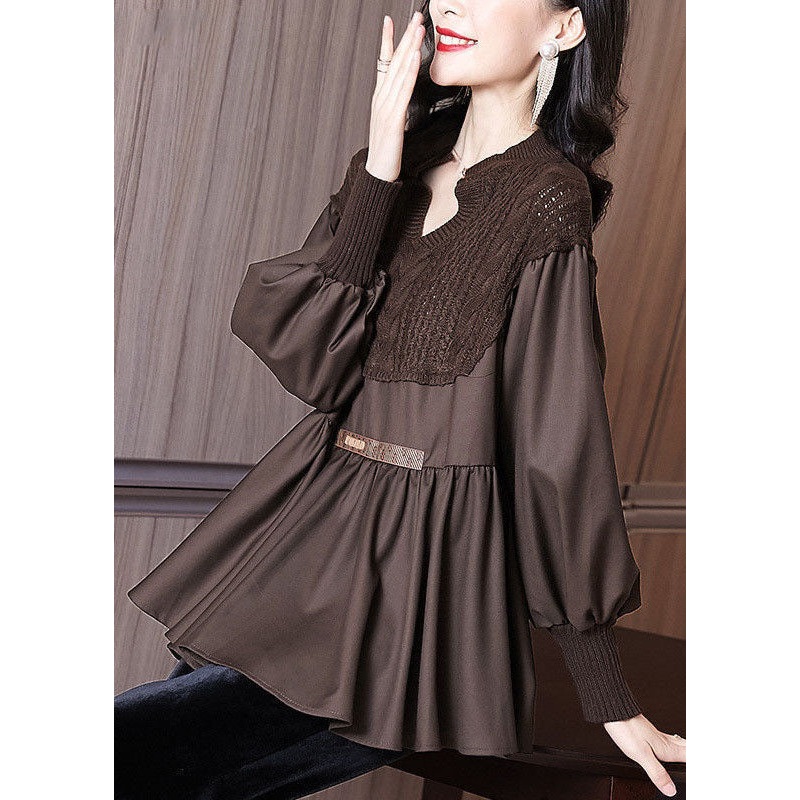 Chocolate Patchwork Knit Blouse Tops V Neck Ruffles Long Sleeve