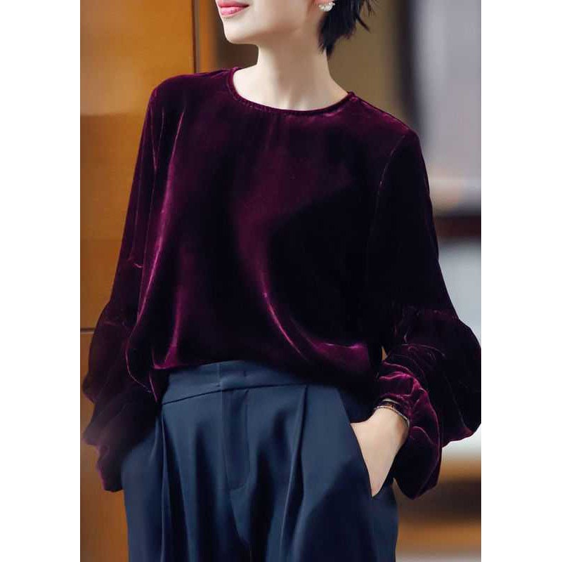 Classy Purple O-Neck Oversized Silk Velour Shirt Top Long Sleeve