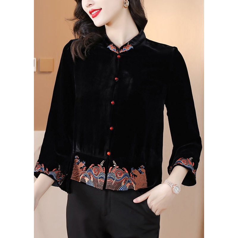 DIY Black Stand Collar Embroideried Silk Velour Coats Fall