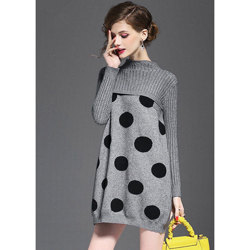 DIY Grey Turtle Neck Dot Print Long Knit Dress Long Sleeve