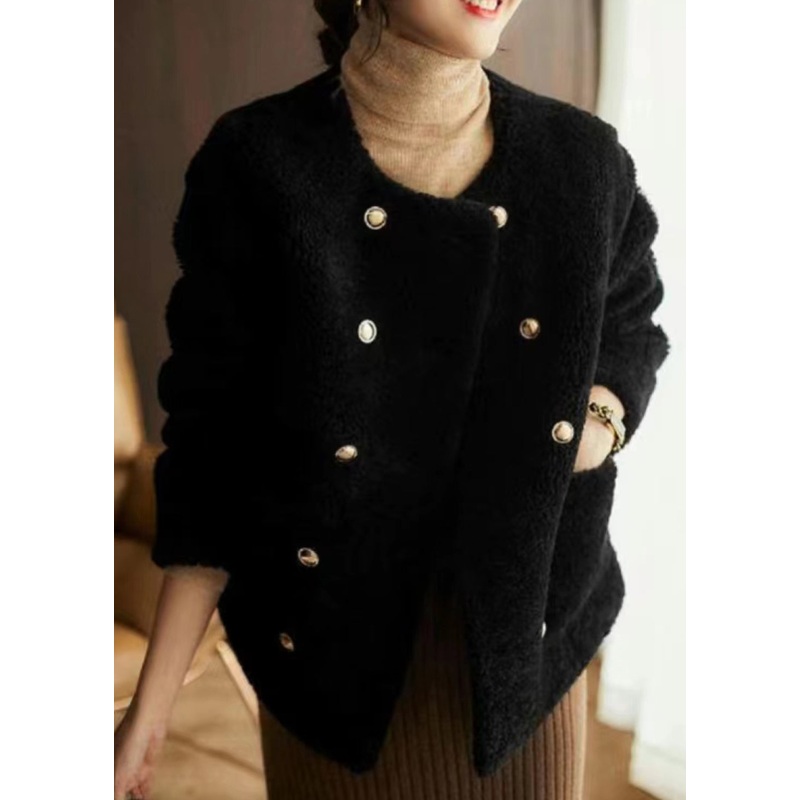 Elegant Black O Neck Pockets Patchwork Wool Coats Winter