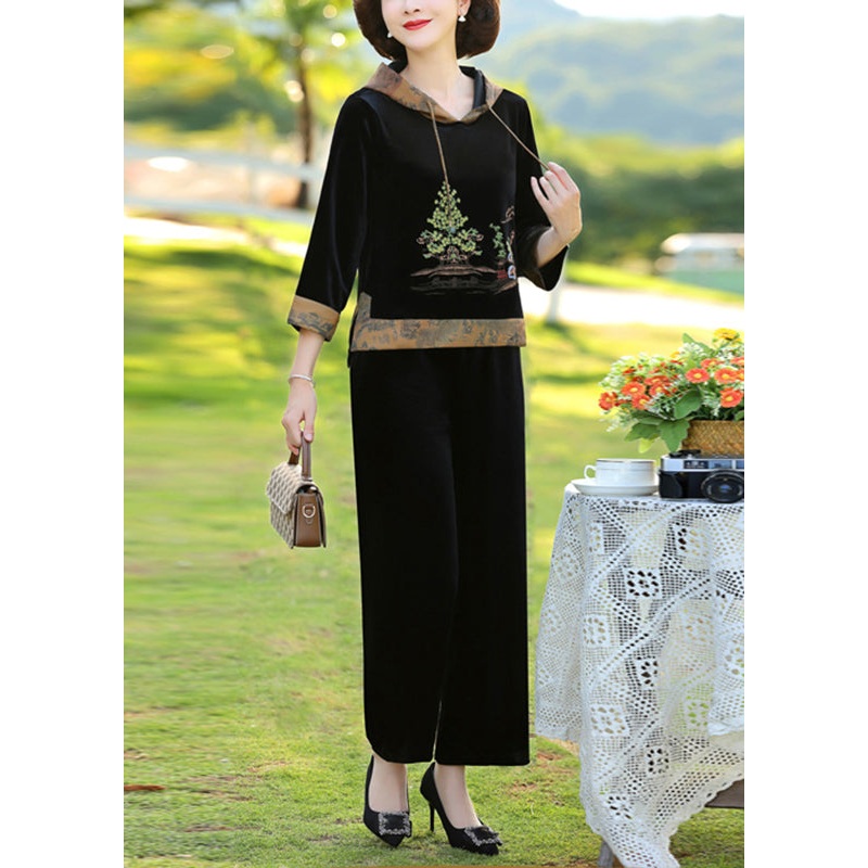 Elegant Black Print Patchwork Hooded Silk Velour Top And Wide Leg Pants Two Pieces Set Fall