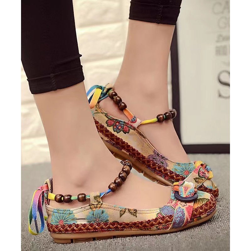 Ethnic Style Handmade Beaded Flat Sole Single Shoes