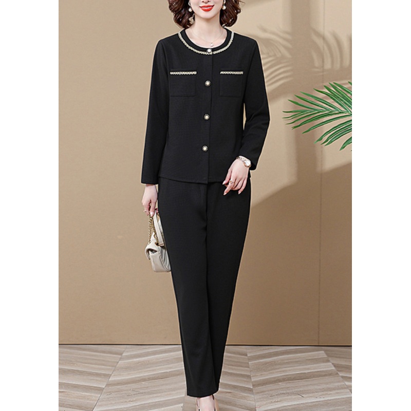 Fashion Black Pockets Patchwork Cardigans And Wide Leg Pants Two Pieces Set Long Sleeve
