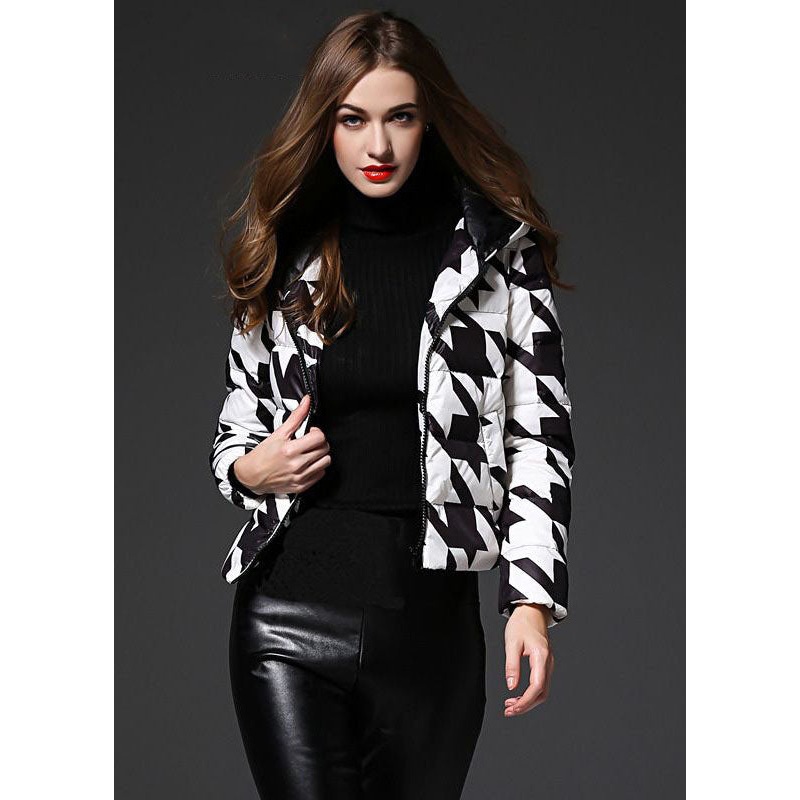 Fashion Black White Plaid Hooded Zippered Duck Down Puffer Jacket Winter