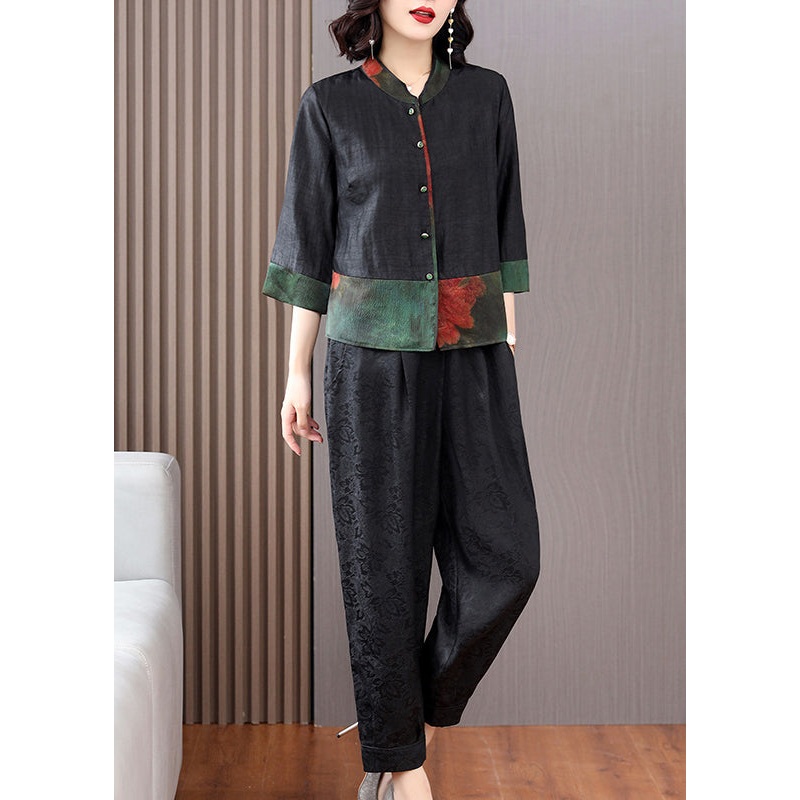 Fine Black Print Button Shirts And Crop Pants Silk Two Piece Set Fall