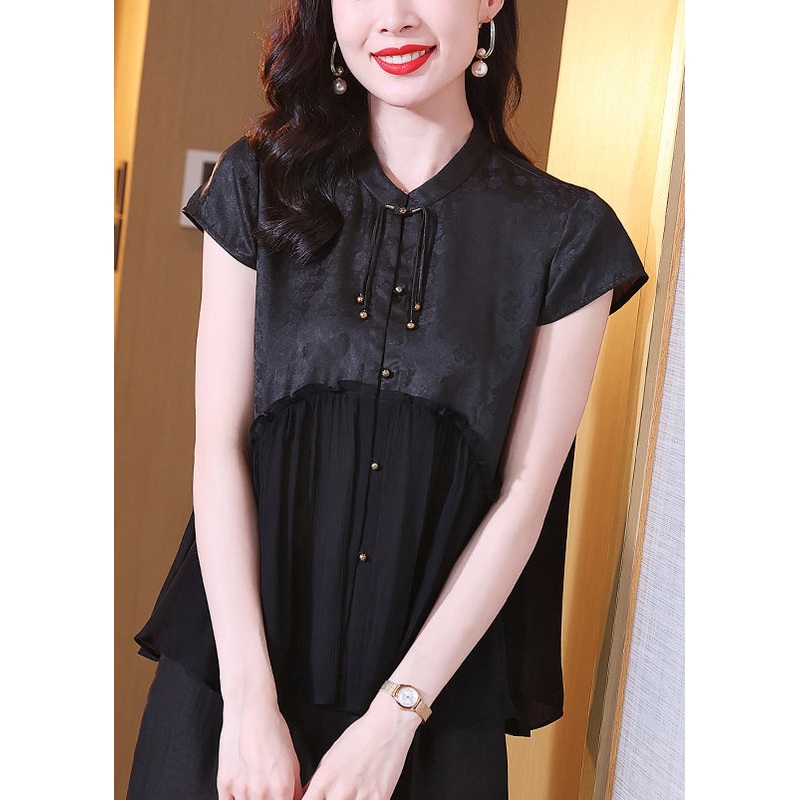 Fine Black Stand Collar Tasseled Patchwork Silk Shirt Tops Summer