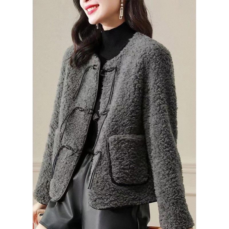 Fine Grey O Neck Tasseled Button Patchwork Wool Coats Winter