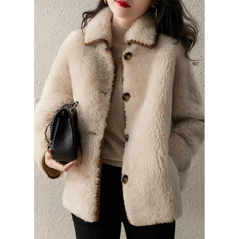 Fitted Beige Peter Pan Collar Pockets Patchwork Wool Coat Winter