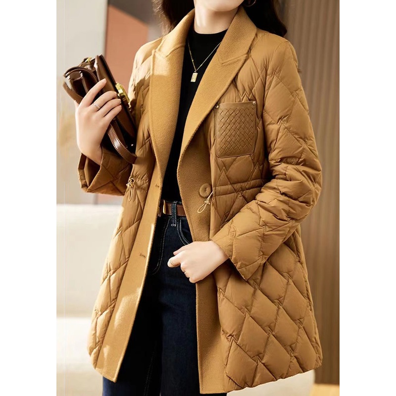 French Camel Peter Pan Collar Drawstring Patchwork Fine Cotton Filled Coat Winter