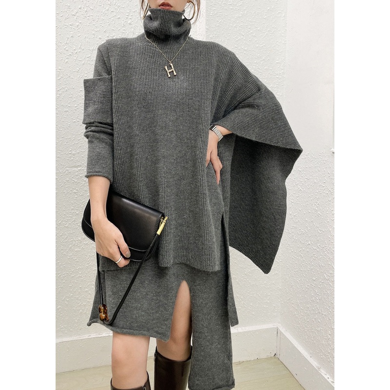 French Grey Turtle Neck Asymmetrical Knit Two Piece Set Outfits Cloak Sleeves