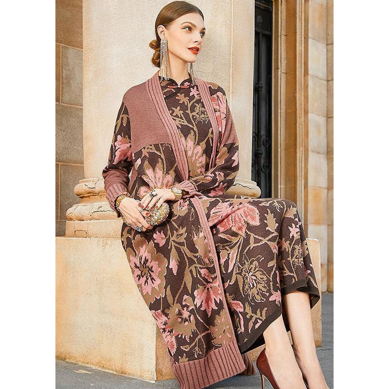 French Khaki Print Original Design Oriental Knit Coat Winter