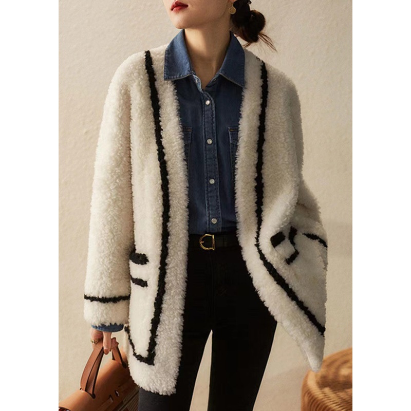 French White V Neck Pockets Patchwork Wool Coats Winter
