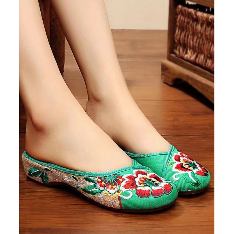 Green Cotton Fabric Retro Embroidery Splicing Slide Sandals
