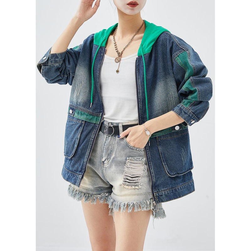 Green Patchwork Denim Coats Hooded Pockets Fall