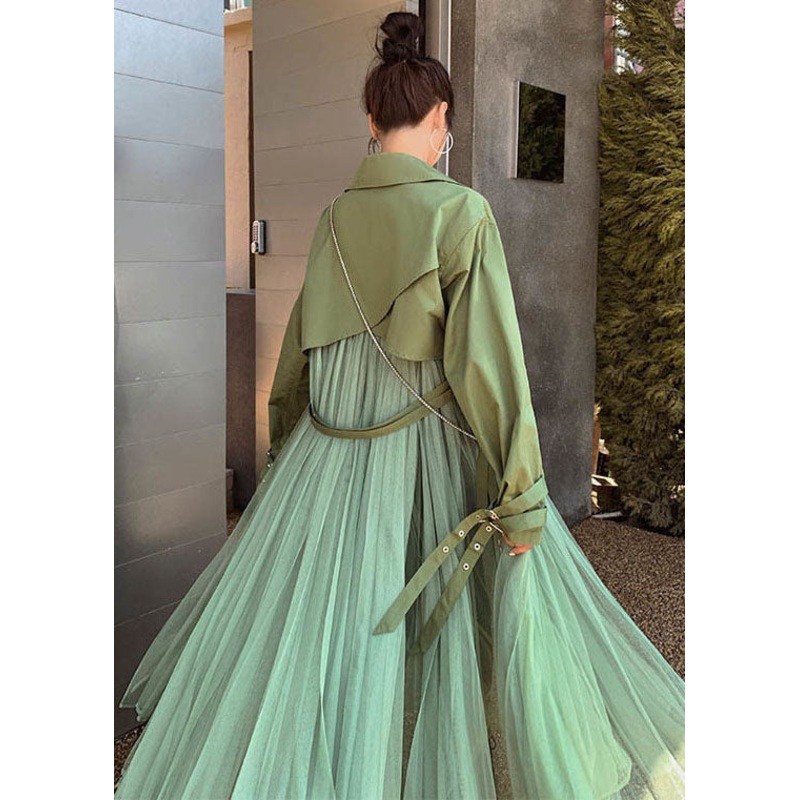 Green Patchwork Tulle Cotton Trench Peter Pan Collar Long Sleeve