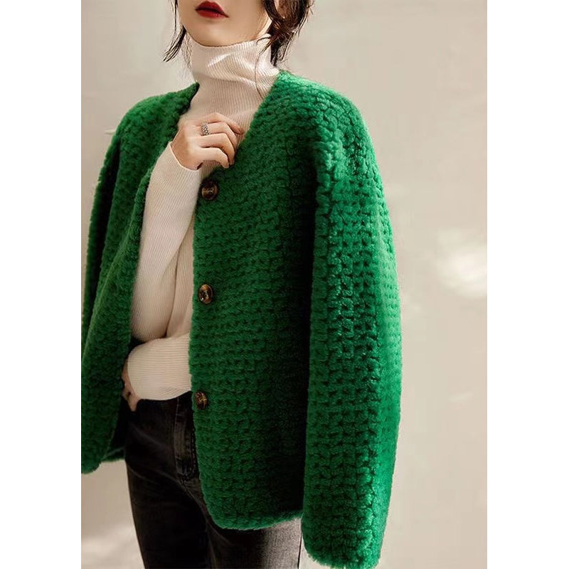 Green Pockets Patchwork Wool Coats O Neck Button Winter