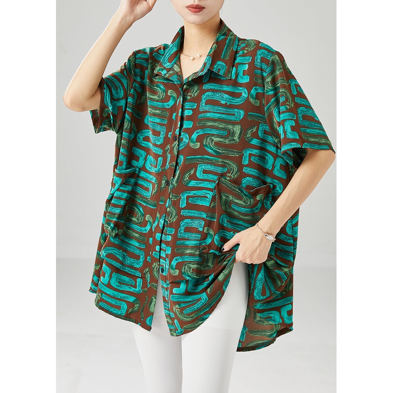 Green Print Spandex Blouses Oversized Summer