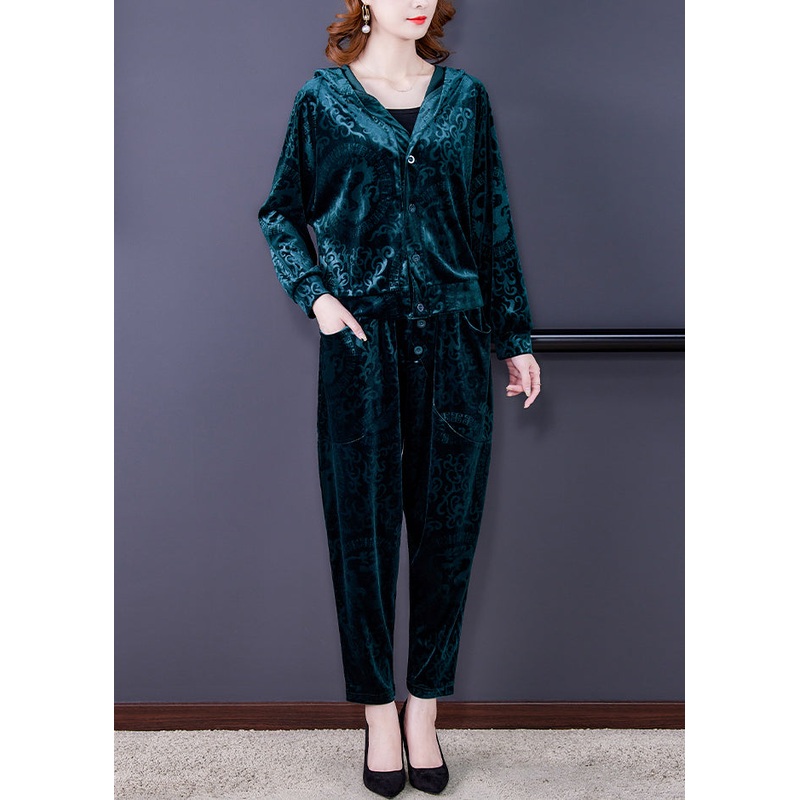 Green Zip Up Silk Velour Coats And Harem Pants Two Pieces Set Long Sleeve