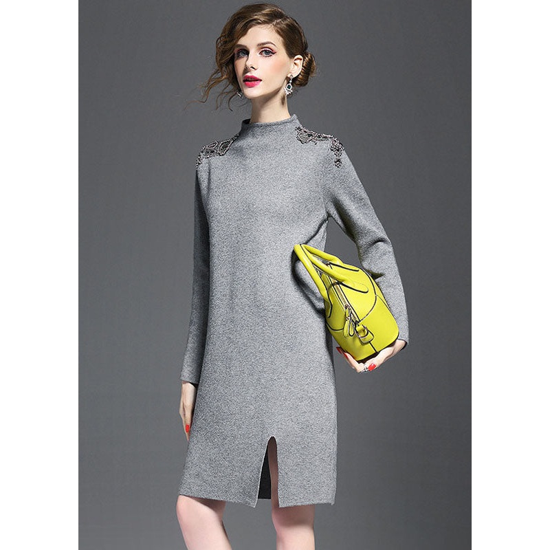 Grey Knit Sweater Dress Turtle Neck Nail Bead Side Open Long Sleeve