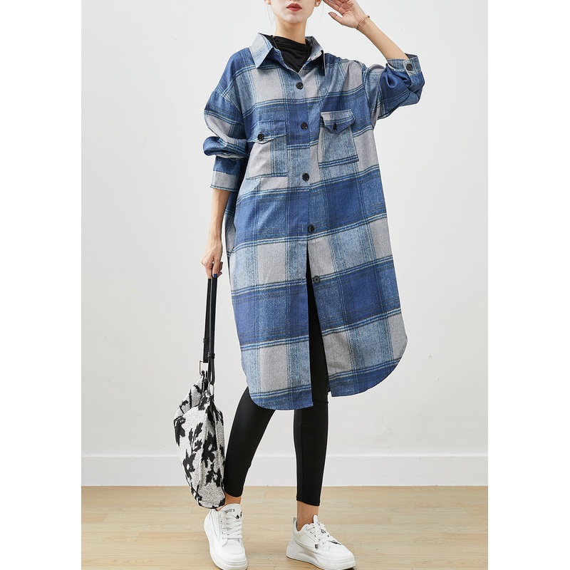 Handmade Blue Plaid Woolen Shirt Trench Coats Fall