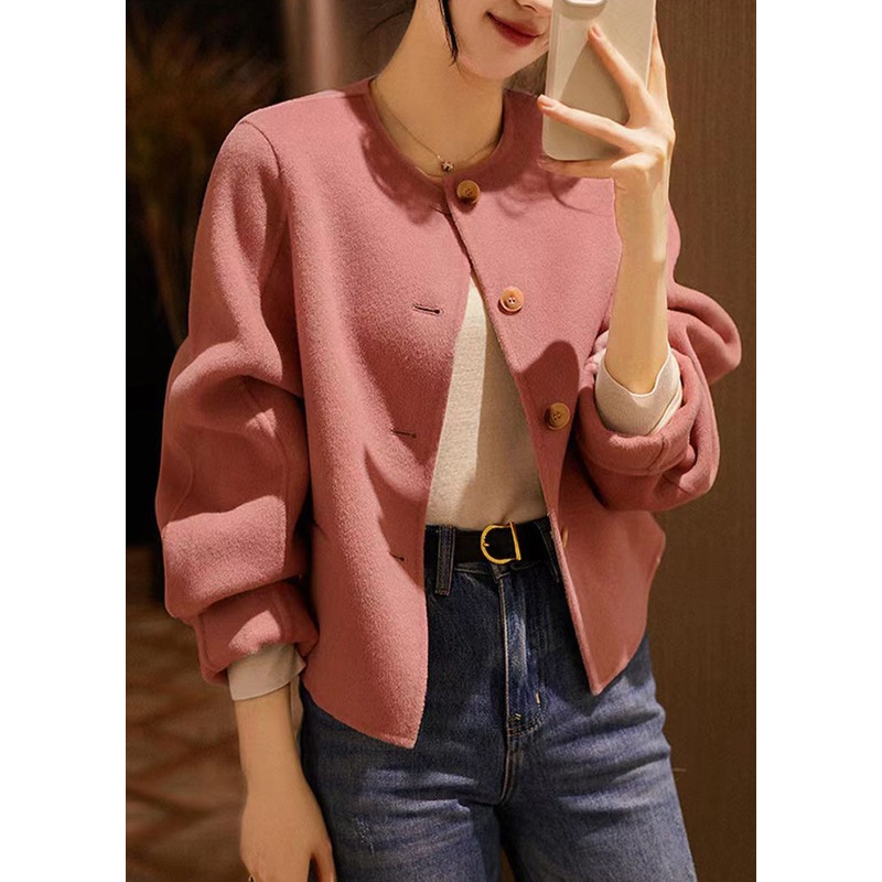 Handmade Pink O Neck Button Patchwork Woolen Coats Winter