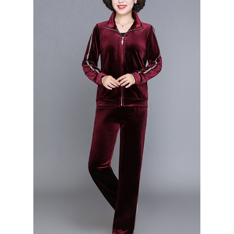 Handmade Wine Red Stand Collar Zippered Silk Velour Coats And Straight Pants Two Piece Set Fall