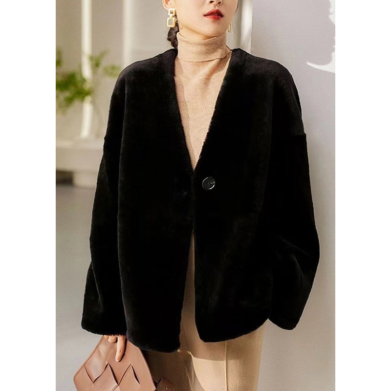 Italian Black V Neck Button Patchwork Wool Coats Winter