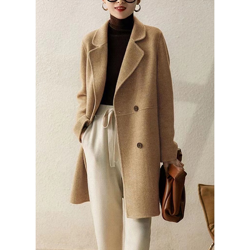 Italian Khaki Peter Pan Collar Pockets Patchwork Woolen Coat Winter