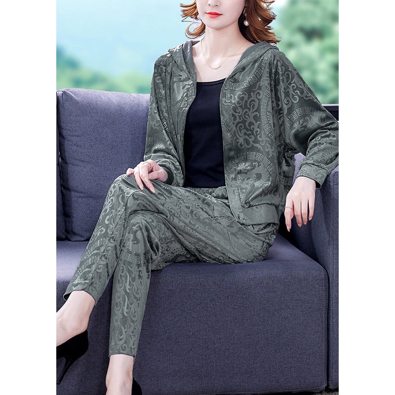 Loose Grey Print Silk Velour Coats And Harem Pants Two Pieces Set Fall