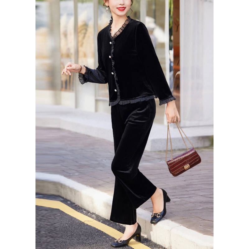 Modern Black Ruffled Patchwork Silk Velour Shirts And Pants Two Piece Set Long Sleeve