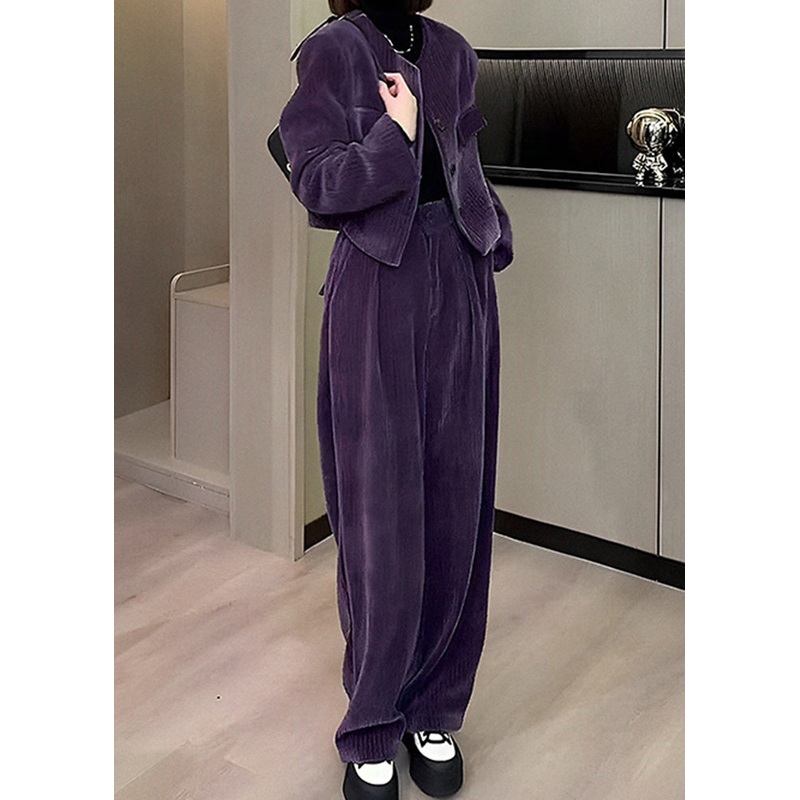 Modern Purple O-Neck Button Silk Velour Coats And Wide Leg Pants Two Pieces Set Fall