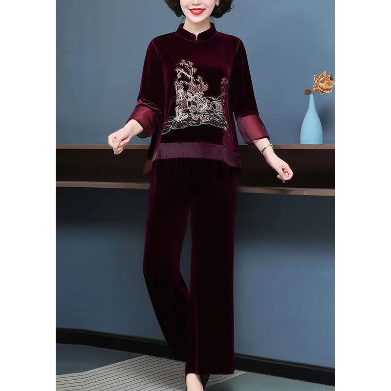 Mulberry Tops And Pants Velour Two Piece Set Embroideried Fall