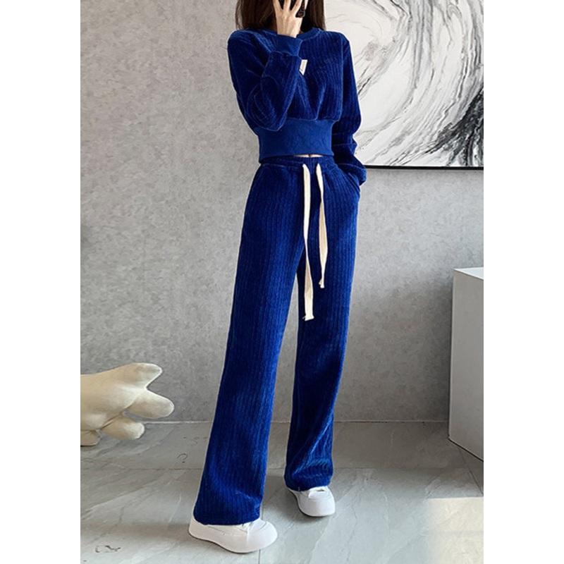 Natural Blue O-Neck Top And Wide Leg Pants Two Pieces Set Long Sleeve