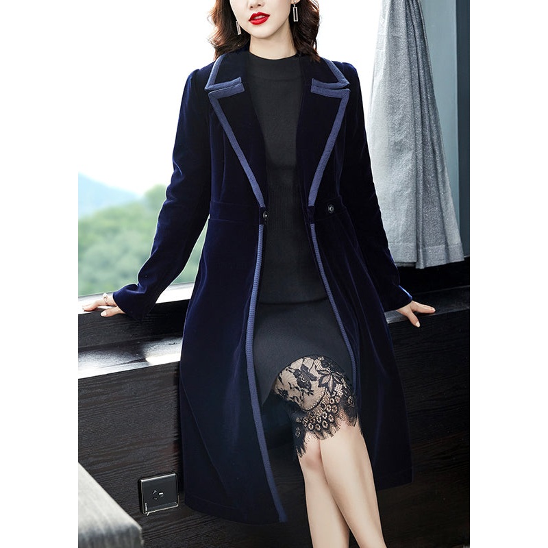 Natural Navy Peter Pan Collar Button Patchwork Velour Trench Coat Fall