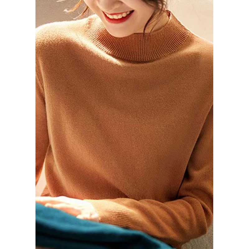 New Elegant Camel Stand Collar Woolen Knit Pullover Fall