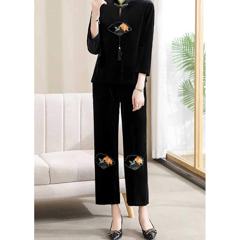 Organic Black Embroideried Button Silk Velour Two Piece Set Fall