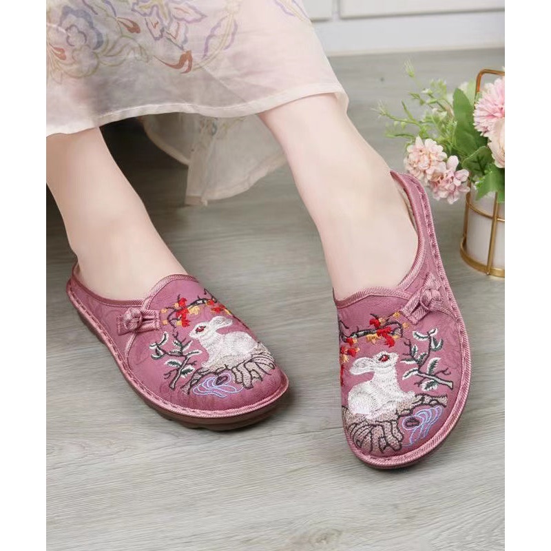 Pink Embroidery Retro Splicing Slide Sandals