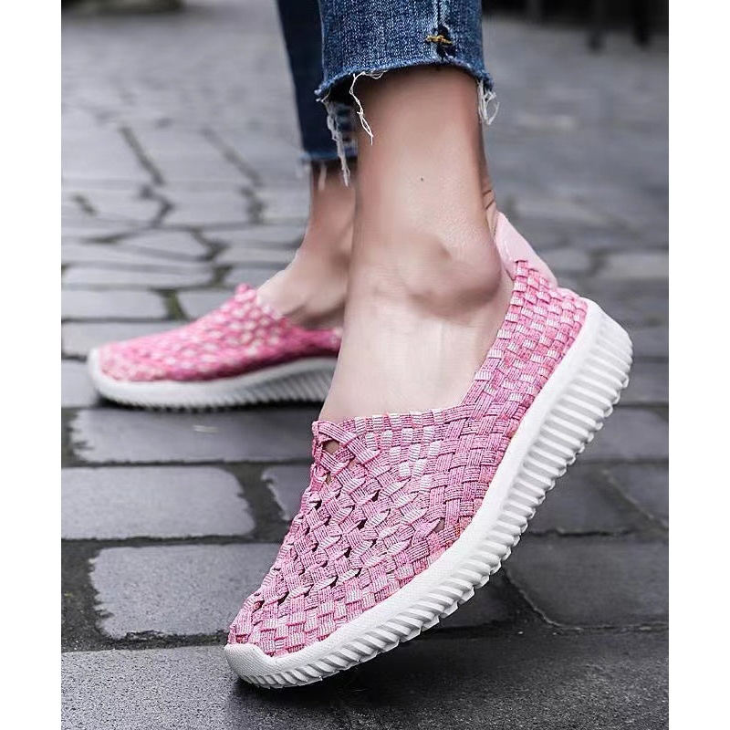 Pink Flat Shoes Knit Fabric Handmade Splicing Women