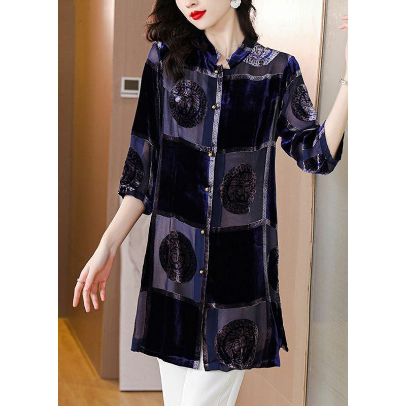 Plus Size Blue Stand Collar Print Patchwork Velour Shirt Fall