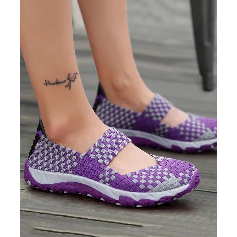 Purple Knit Fabric Handmade Splicing Flat Shoes For Women