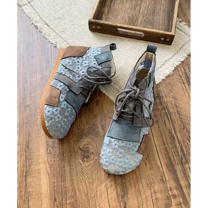Retro Grey Flat Boots Splicing Lace Up Hollow Out
