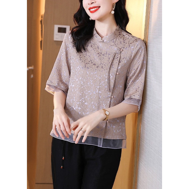 Retro Purple Stand Collar Tasseled Jacquard Patchwork Silk Shirt Fall