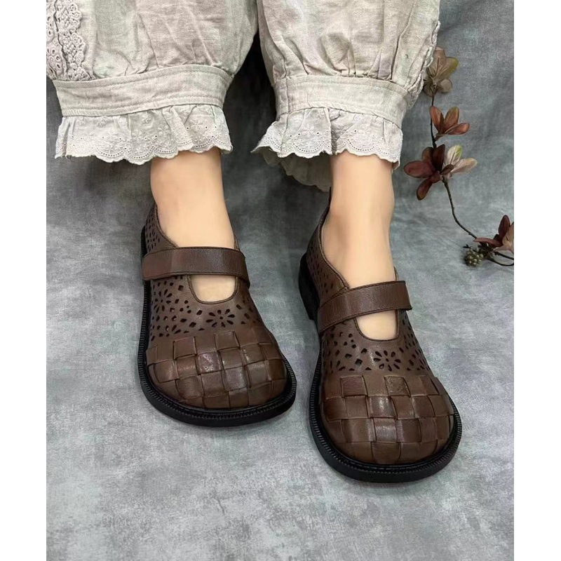Retro Splicing Hollow Out Flat Shoes Brown Cowhide Leather